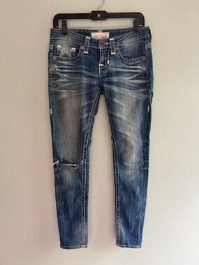 Big Star Women's Blue Distressed Skinny Jeans with Embellished Pocket